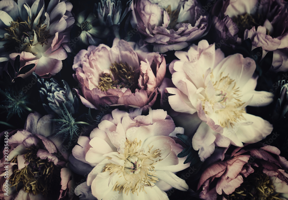 Vintage bouquet of beautiful peonies on black. Floristic decoration. Floral background. Baroque old fashiones style. Natural flowers pattern wallpaper or greeting card