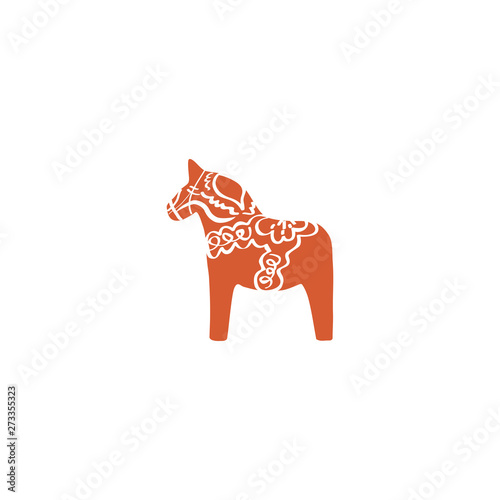 Swedish vector traditional symbol, Dalecarlica horse, red Dalarna or Dala horse isolated on white, decorative travel icon flat, profile animal for greeting card, nordic traditional Christmas motive