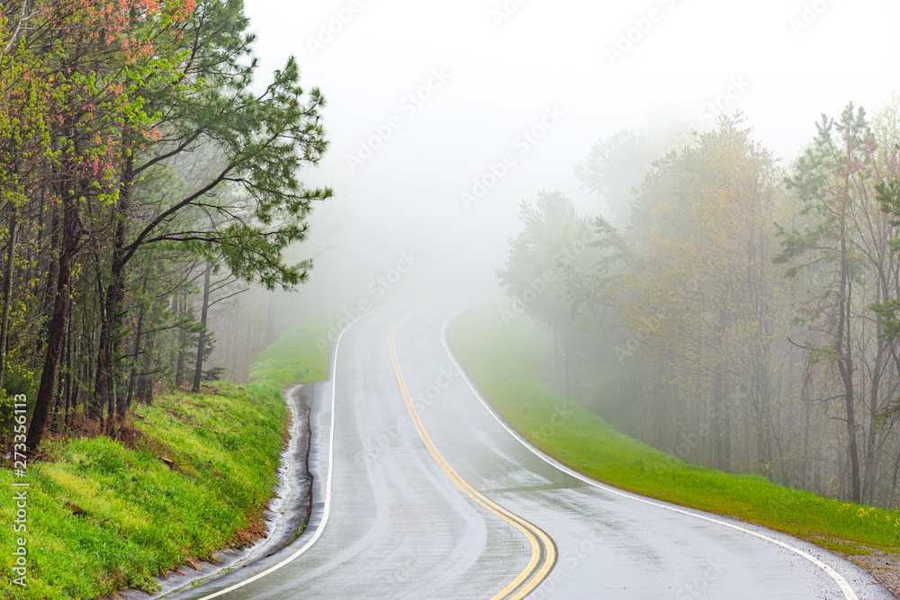 Fototapeta premium Curving Mountain Road In Fog With Copy Space