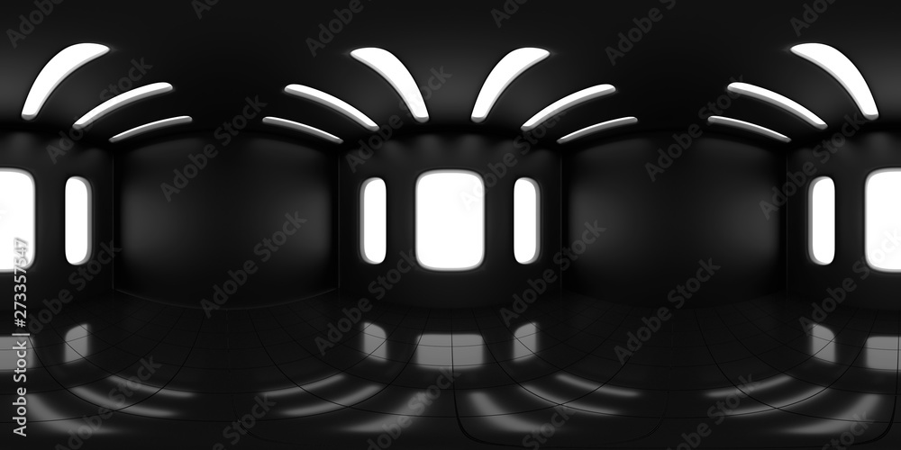 4K HDRI map, spherical environment panorama background, high contrast interior light source rendering, with black walls (3d equirectangular illustration)