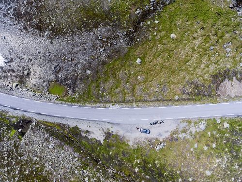Top view of snow road Aurlandsvegen with vehicles having involuntary stop during travel. Norway, Scandinavia photo