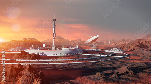 Fotografering station on Mars surface, first martian colony in desert landscape on the red pla