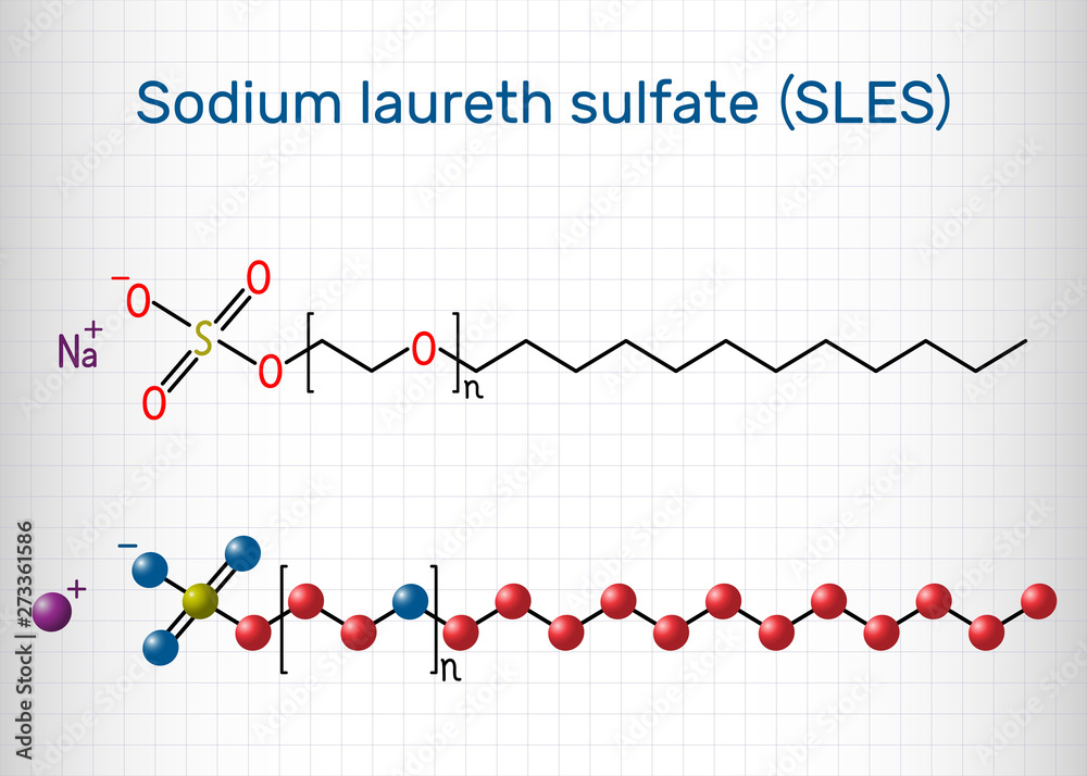 Sodium laureth sulfate (SLES) molecule. It is an anionic surfactant used in cleaning and hygiene products. Structural chemical formula. Sheet of paper in a cage