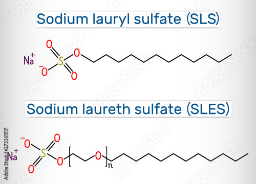 Sodium dodecyl sulfate (SDS), sodium lauryl sulfate (SLS), sodium laureth sulfate (SLES) molecule. It is an anionic surfactant used in cleaning and hygiene products photo