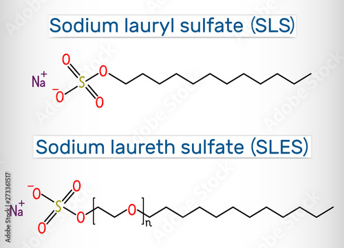 Sodium dodecyl sulfate (SDS), sodium lauryl sulfate (SLS), sodium laureth sulfate (SLES) molecule. It is an anionic surfactant used in cleaning and hygiene products