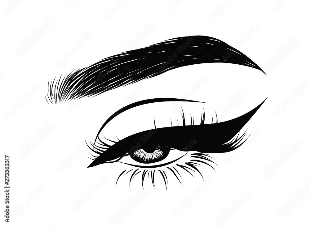 Fototapeta premium Sleek fashion illustration of the eye with luxe makeup and natural eyebrow. Hand drawn vector idea for business visit cards, templates, web, salon banners,brochures. Microblading visit card