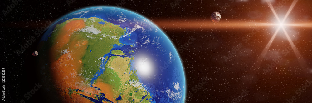 terraforming of Mars with oceans and clouds, human living on the red planet (3d space rendering banner, elements of this image are furnished by NASA)