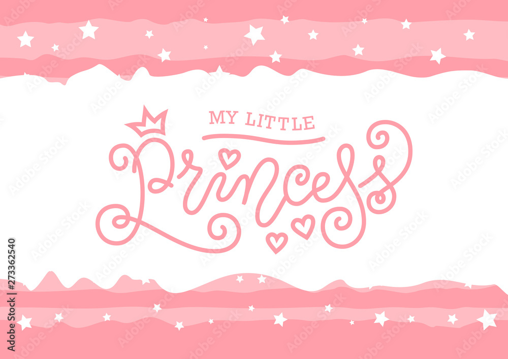 Modern mono line calligraphy lettering of My little princess in pink on pink background with stars
