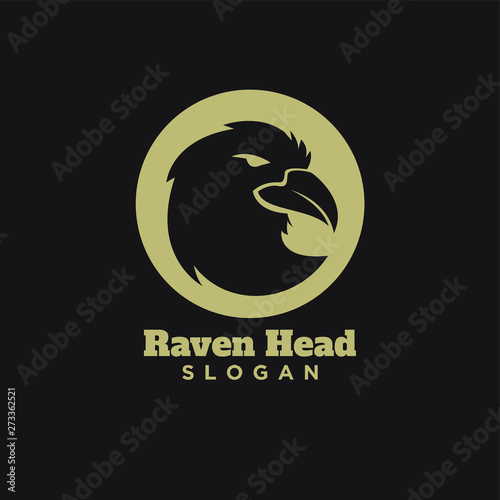 raven crow head with circle logo with gold color icon design vector illustration template
