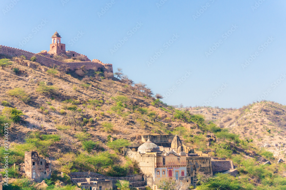 View of hills and mountains near Amer town, Rajasthan, India with ancient wall