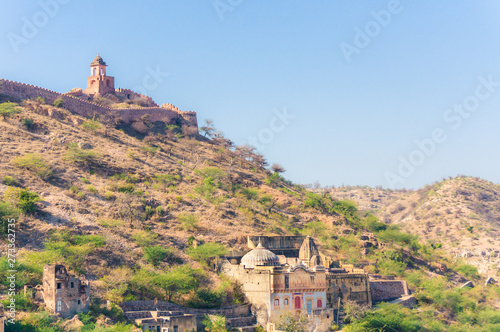 View of hills and mountains near Amer town, Rajasthan, India with ancient wall photo