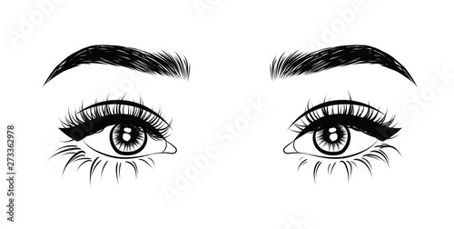  Fashion illustration of the eye with long full lashes. Hand drawn vector idea for business visit cards, templates, web, salon banners,brochures. Natural eyebrows and modern makeup