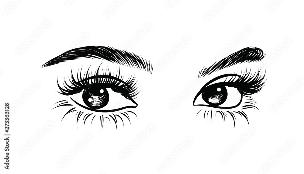 Fashion illustration of the eye with long full lashes. Hand drawn vector idea for business visit cards, templates, web, salon banners,brochures. Natural eyebrows and modern makeup Fashion illustration of the eye with long full lashes. Hand drawn vector idea for business visit cards, templates, web, salon banners,brochures. Natural eyebrows and modern makeup
