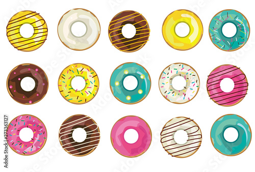 Vector illustration with collection of glazed realistic donuts. Isolated colorful donuts on the white background.