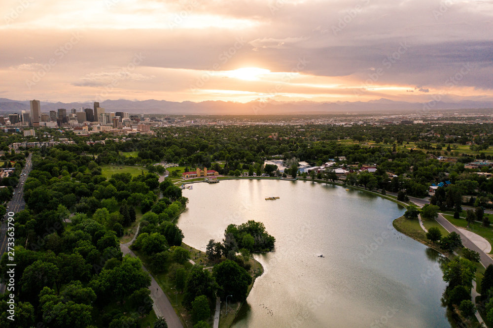 Aerial drone photo - Skyline of Denver, Colorado at sunset from City Park