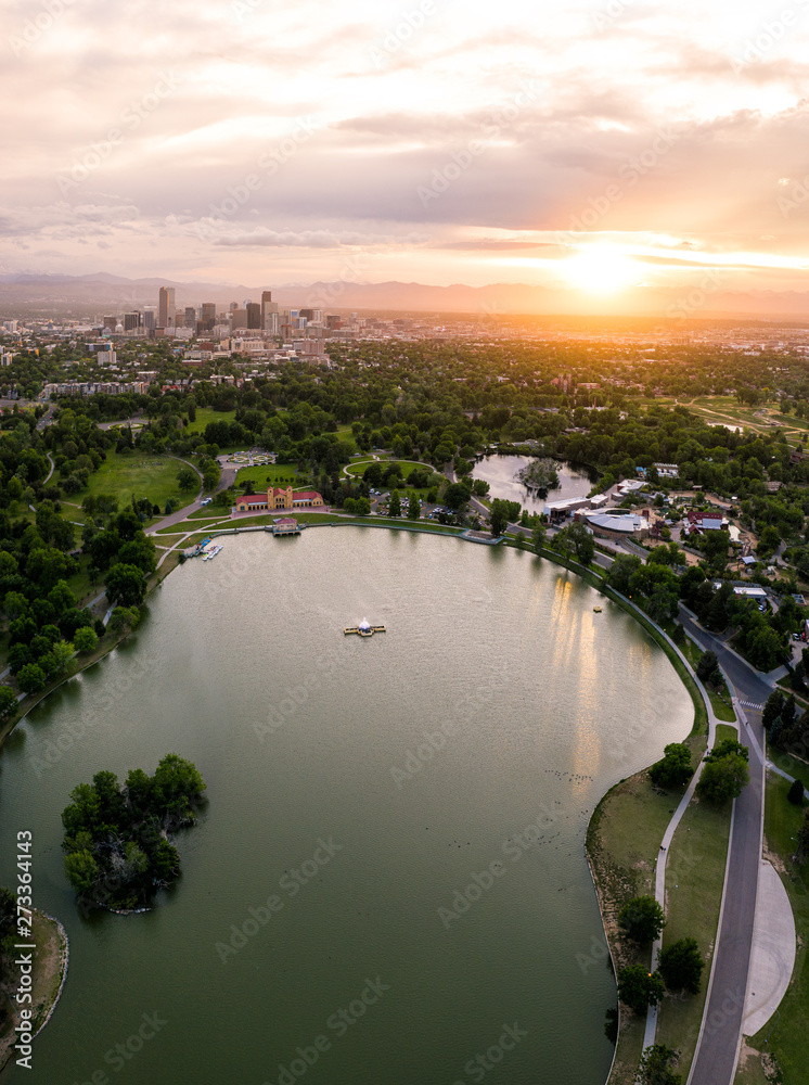 Aerial drone photo - Skyline of Denver, Colorado at sunset from City Park