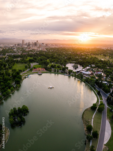 Aerial drone photo - Skyline of Denver  Colorado at sunset from City Park