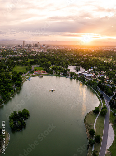 Obraz na płótnie Aerial drone photo - Skyline of Denver, Colorado at sunset from City Park w salonie