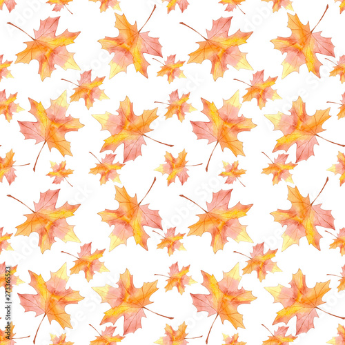 Hand drawn seamless pattern watercolor colorful maple fall leaf on white background.Design for wallpaper,textile,paper,invitation,greeting cards,scrapbooking
