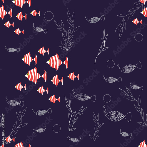 Vector seamless pattern. Sea life, under water. Striped, red and white fishes and sea plants.