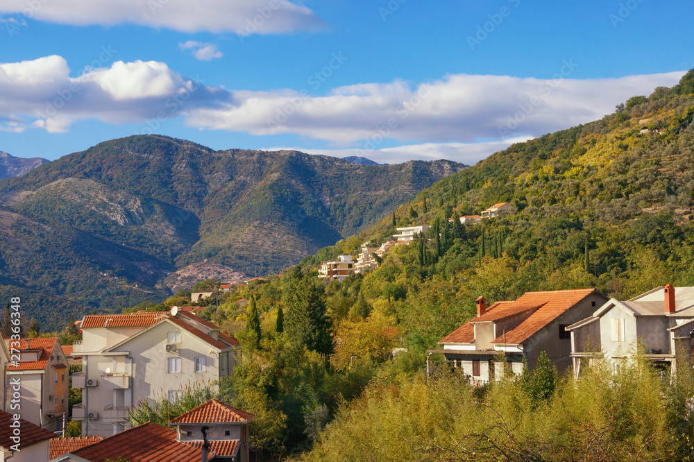 Beautiful mountain landscape on sunny autumn day. Montenegro, Tivat, Seljanovo village