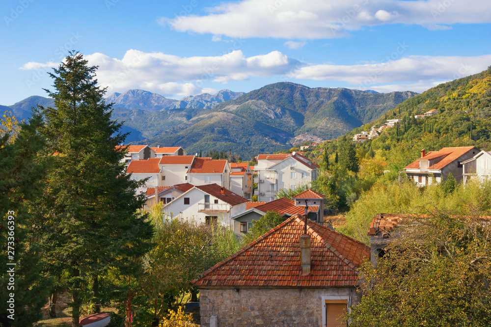 Beautiful mountain landscape on sunny day. Montenegro, Tivat, Seljanovo village