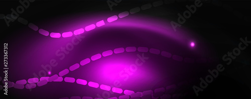 Smoky glowing waves in the dark. Dark abstract background with neon color light and wavy lines. Vector