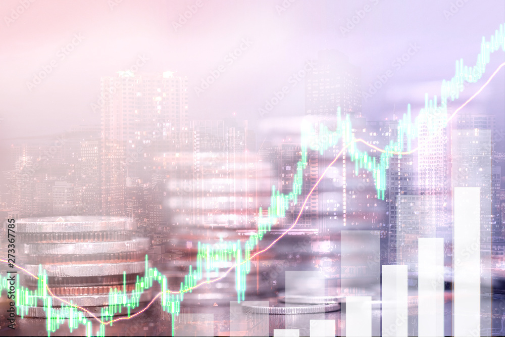Naklejka premium Double exposure of city and rows of coins for money, finance and business concept of teamwork and partnership.
