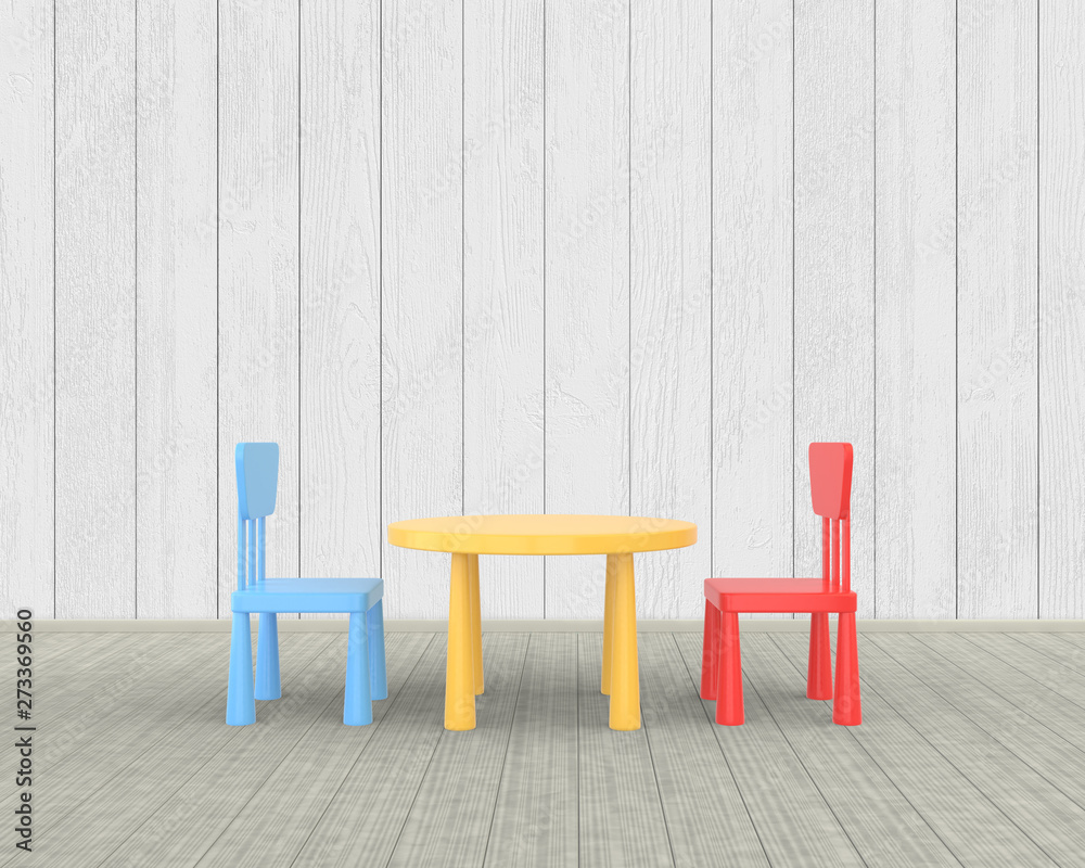 The minimalist nursery interior of a children's colored table and chairs on a white wooden background. 3D render.. The minimalist nursery interior of a children's colored table and chairs on a white wooden background. 3D render..