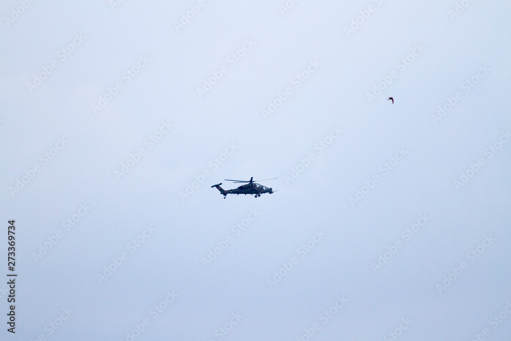 Military helicopters on blue sky with clouds and birds. Military helicopters on blue sky with clouds and birds.