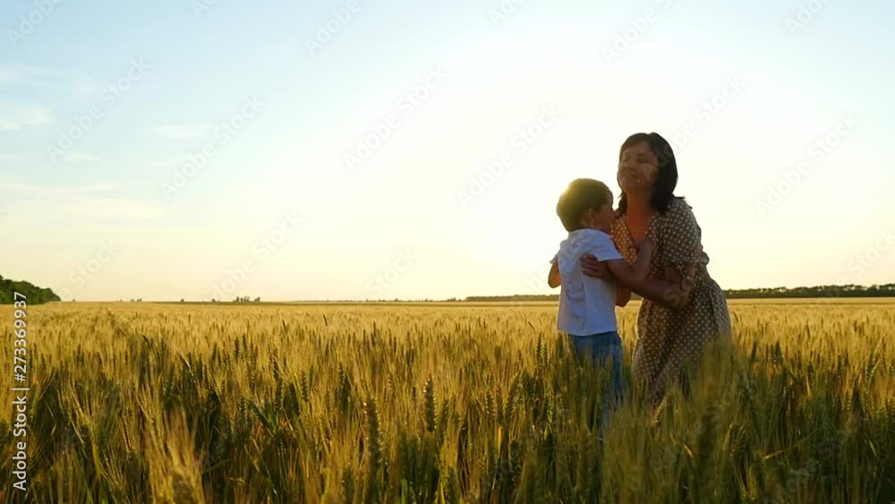 A happy child runs into the arms of her mother over a wheat field, after which the mother hugs and kisses the child A happy child runs into the arms of her mother over a wheat field, after which the mother hugs and kisses the child