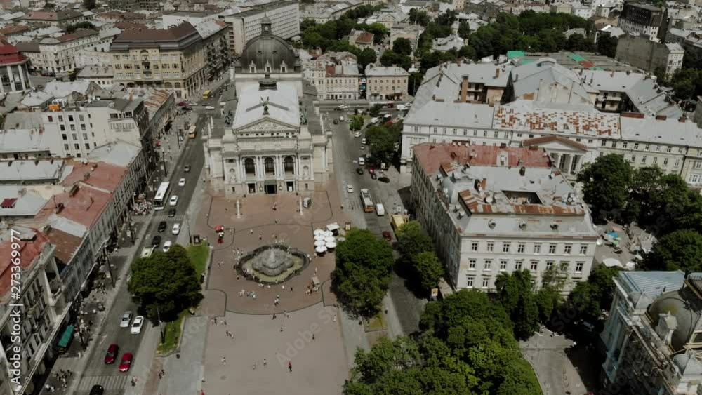Aerial shot of Lviv city central part with and old dominican church Aerial shot of Lviv city central part with and old dominican church