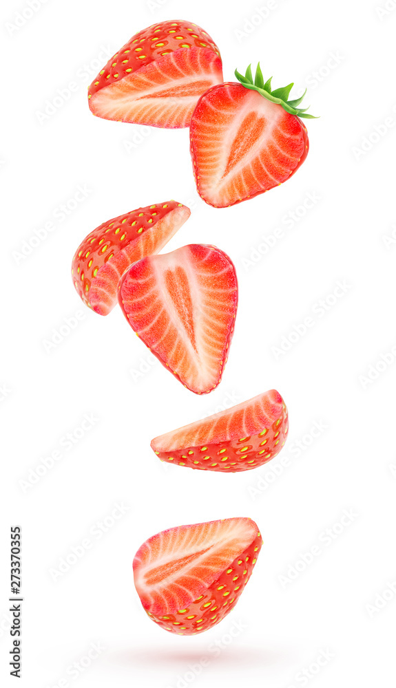 Isolated strawberries float in the air. Falling pieces of strawberry fruits isolated over white background with clipping path