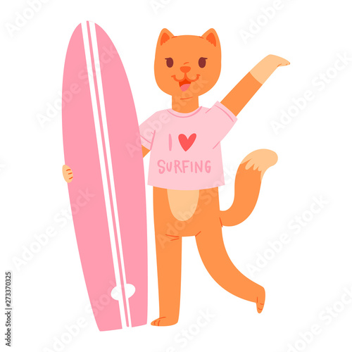 Surf vector cat animal surfer character surfing on surfboard illustration animalistic cartoon young sportsman kitty girl and on wakeboard isolated on white background