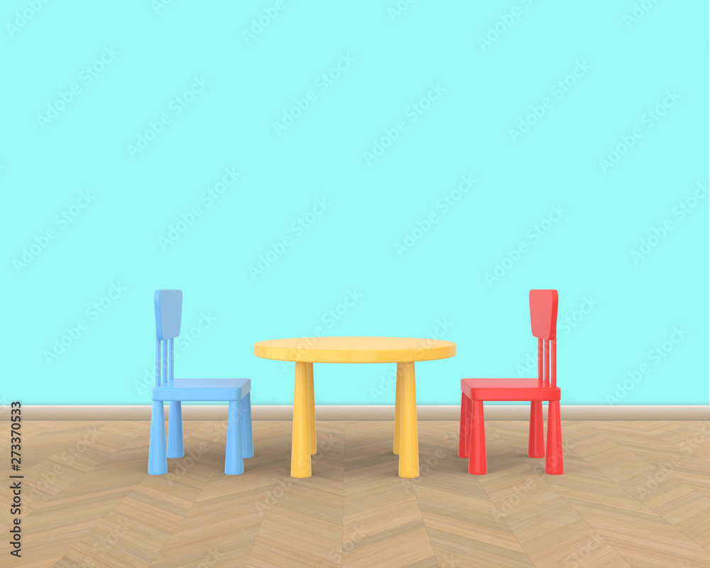 The minimalist nursery interior of a children's colored table and chairs on a blue background. 3D render.. The minimalist nursery interior of a children's colored table and chairs on a blue background. 3D render..