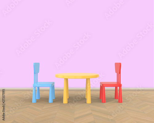  The minimalist nursery interior of a children s colored table and chairs on a pink background. 3D render..
