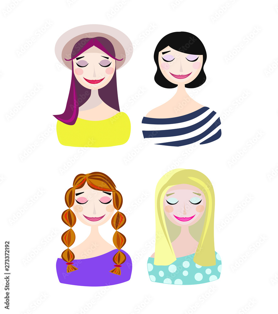 Vector collection, set of girls portraits, avatars. Smilling girls avatar icons set. Different hairstyle, hair-colored people.