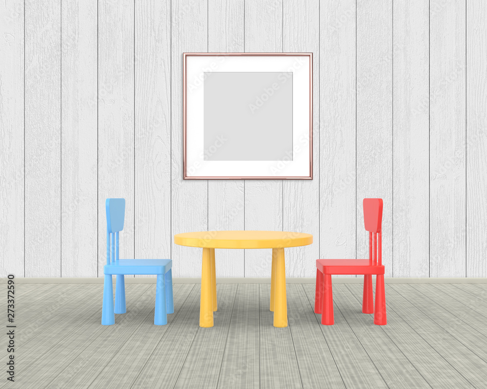 Square Frame mockup of rose gold in the nursery. The minimalist interior of a children's colored table and chairs on a white wooden background. 3D render.. Square Frame mockup of rose gold in the nursery. The minimalist interior of a children's colored table and chairs on a white wooden background. 3D render..