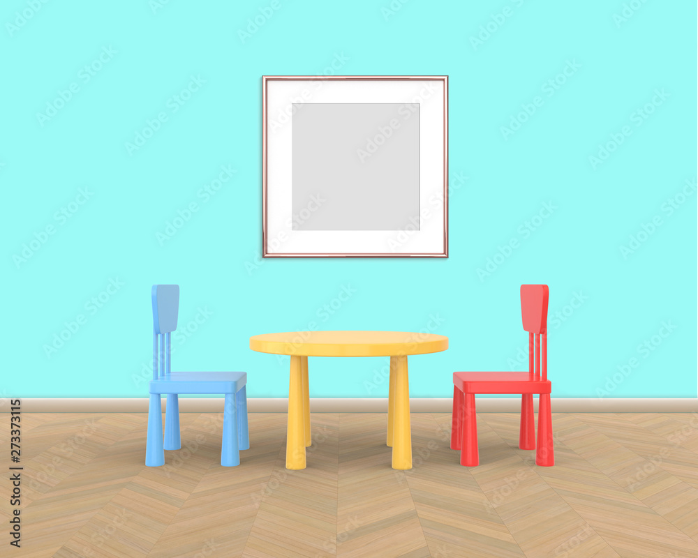 Square Frame mockup of rose gold in the nursery. The minimalist interior of a children's colored table and chairs on a blue background. 3D render.. Square Frame mockup of rose gold in the nursery. The minimalist interior of a children's colored table and chairs on a blue background. 3D render..
