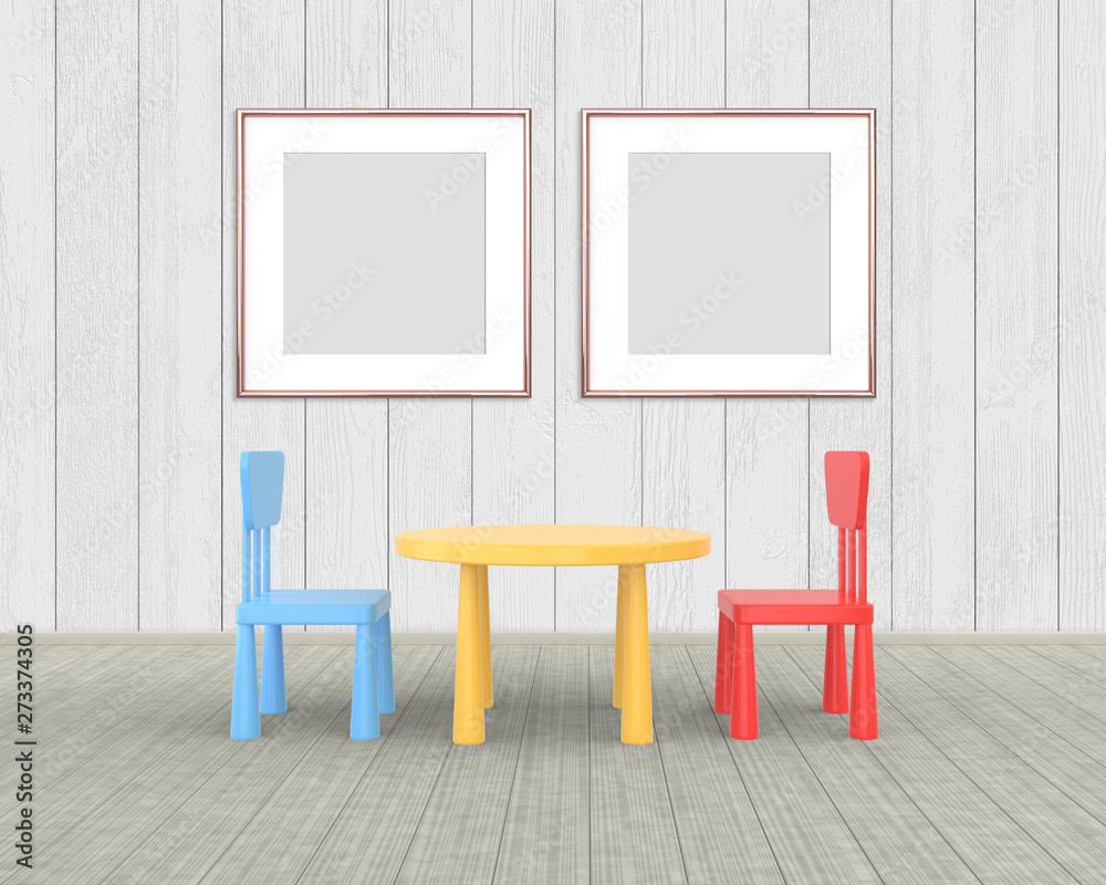 Two Square Frame mockup of rose gold in the nursery. The minimalist interior of a children's colored table and chairs on a white wooden background. 3D render.. Two Square Frame mockup of rose gold in the nursery. The minimalist interior of a children's colored table and chairs on a white wooden background. 3D render..