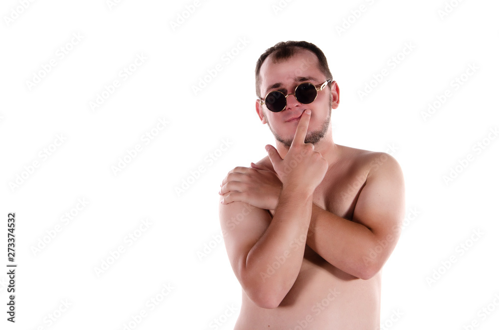 Fototapeta premium Bearded man in glasses with a bare-chested.