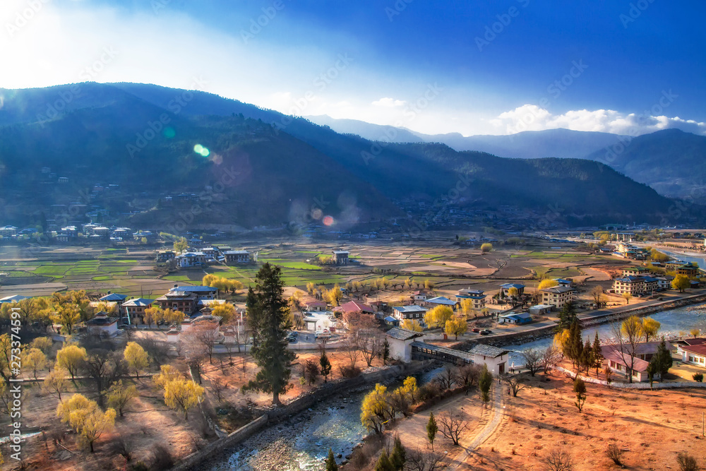 View of Punakha Valley with Cloudy Sky, Punakha, Bhutan