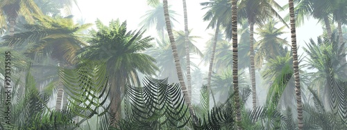 Jungle in the fog at sunrise  palm trees in the haze