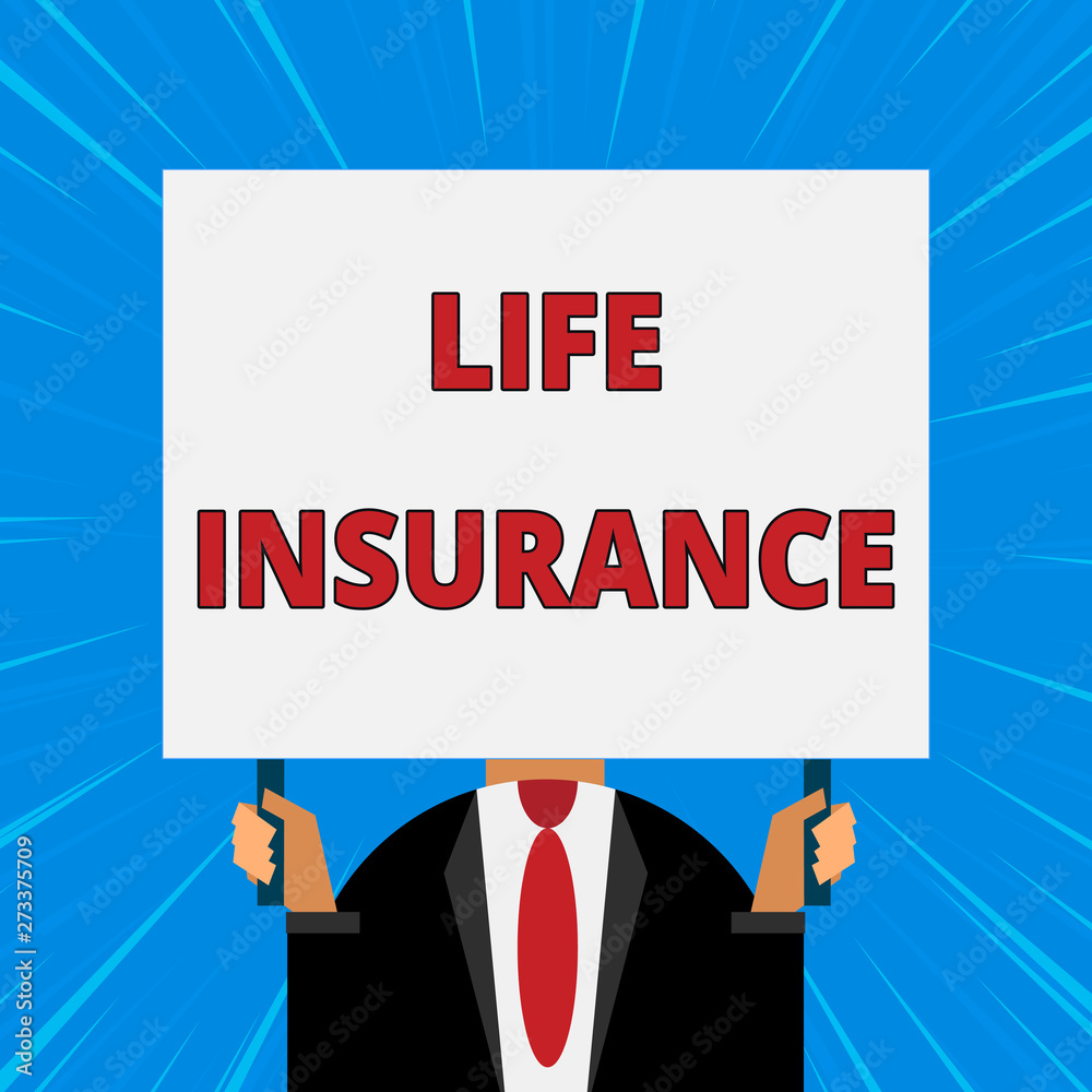 Handwriting text writing Life Insurance. Conceptual photo Payment of death benefit or injury Burial or medical claim Just man chest dressed dark suit tie no face holding blank big rectangle Handwriting text writing Life Insurance. Conceptual photo Payment of death benefit or injury Burial or medical claim Just man chest dressed dark suit tie no face holding blank big rectangle