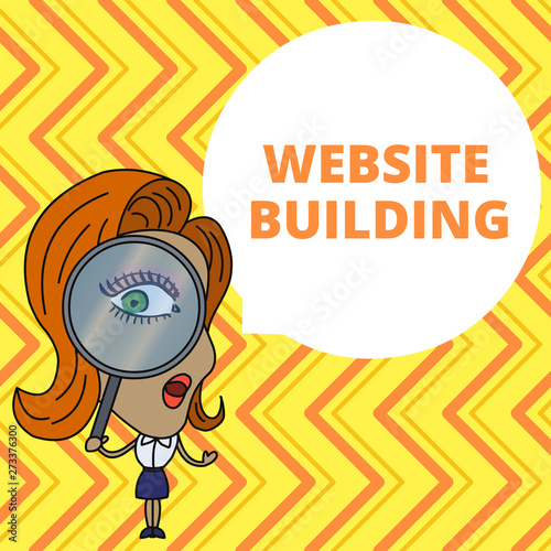 Conceptual hand writing showing Website Building. Concept meaning tools that typically allow the construction of pages Woman Looking Trough Magnifying Glass Big Eye Speech Bubble