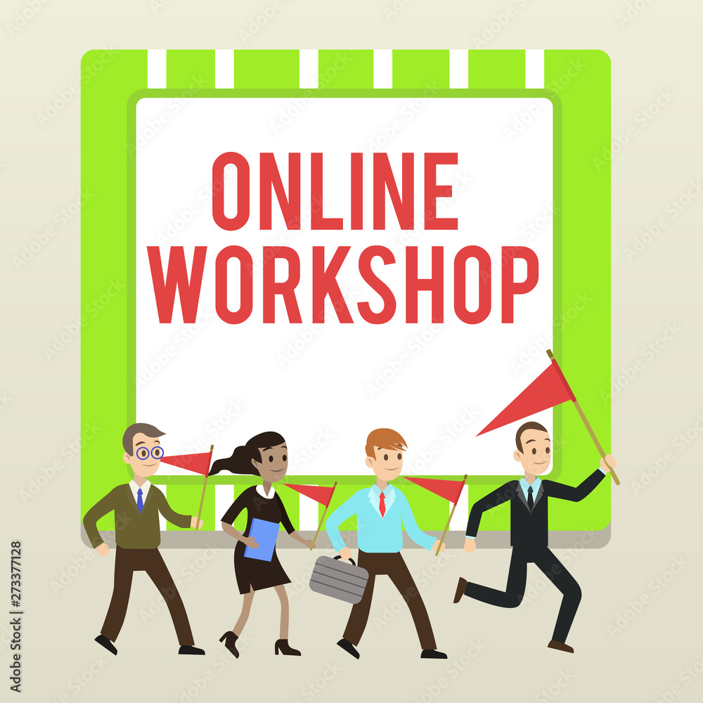Handwriting text writing Online Workshop. Conceptual photo shows of goods and commodities over the electronic websites People Crowd Flags Pennants Headed by Leader Running Demonstration Meeting Handwriting text writing Online Workshop. Conceptual photo shows of goods and commodities over the electronic websites People Crowd Flags Pennants Headed by Leader Running Demonstration Meeting