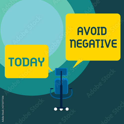 Conceptual hand writing showing Avoid Negative. Concept meaning Staying away from pessimistic showing Suspicious Depression Executive chair sharing two blank square speech bubbles side photo