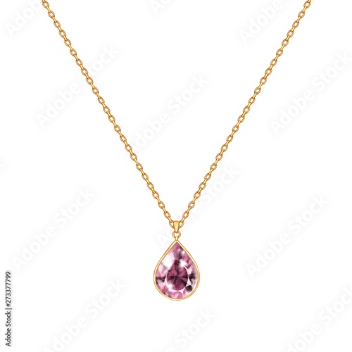 Golden chain necklace with gem. Jewelry design isolated on white