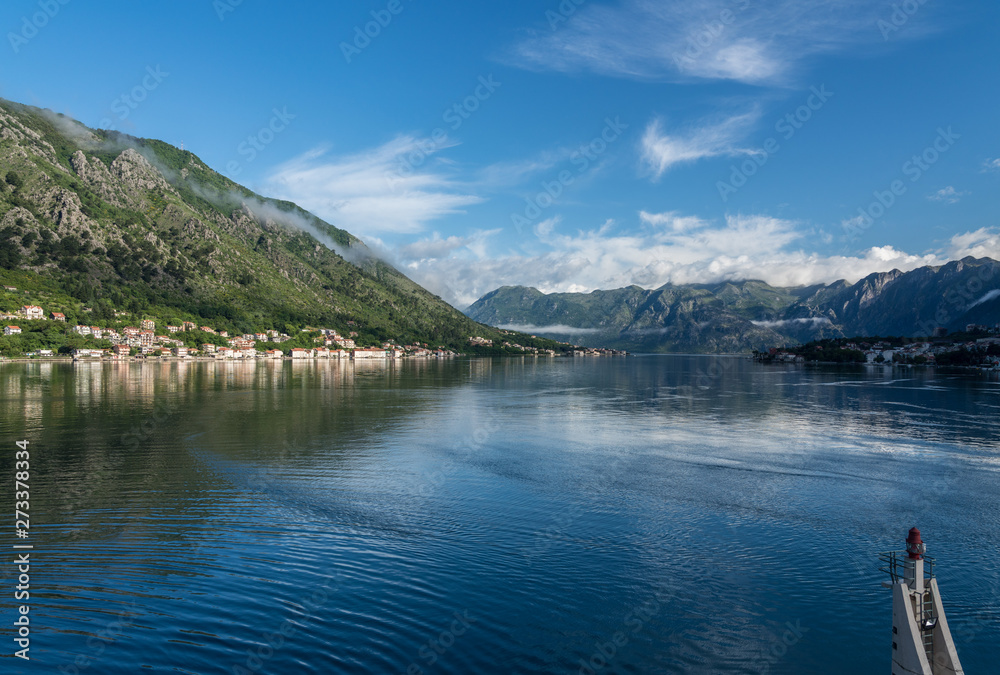 Small villages of Prcanj and Dobrota on coastline of Gulf of Kotor in Montenegro