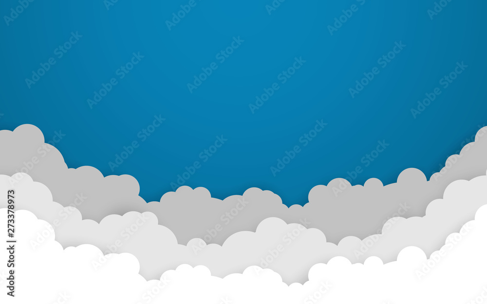 Blue sky with white clouds background. Cartoon flat style design. Vector illustration